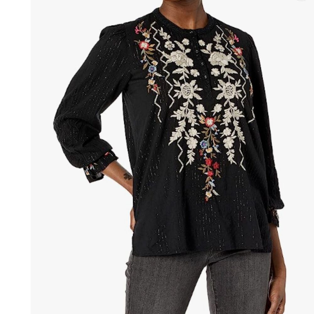 Johnny Was Workshop Floral Embroidered Blouse - Black Metallic Stripe XS